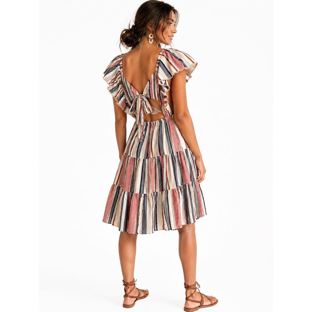 Angie Striped Boho Open Back Tiered Dress Medium NWT Cottagecore Festival Cotton